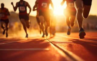 Sprinters bursting out of the starting blocks at a track and field event, run, sport