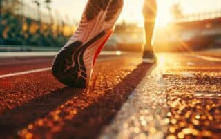 Athletic runner intensely prepares for competition in sunlit stadium, focus on motion blur around