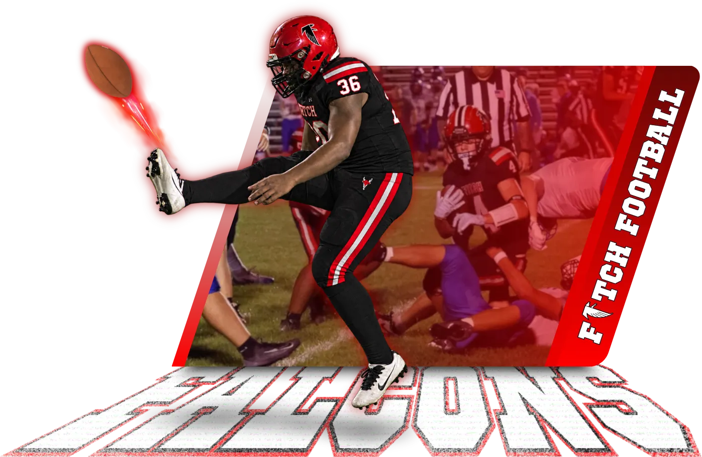 Asset-Below-Varsity-Football-groton-ct Fitch football player punting a ball with a Falcons graphic overlay in the background.