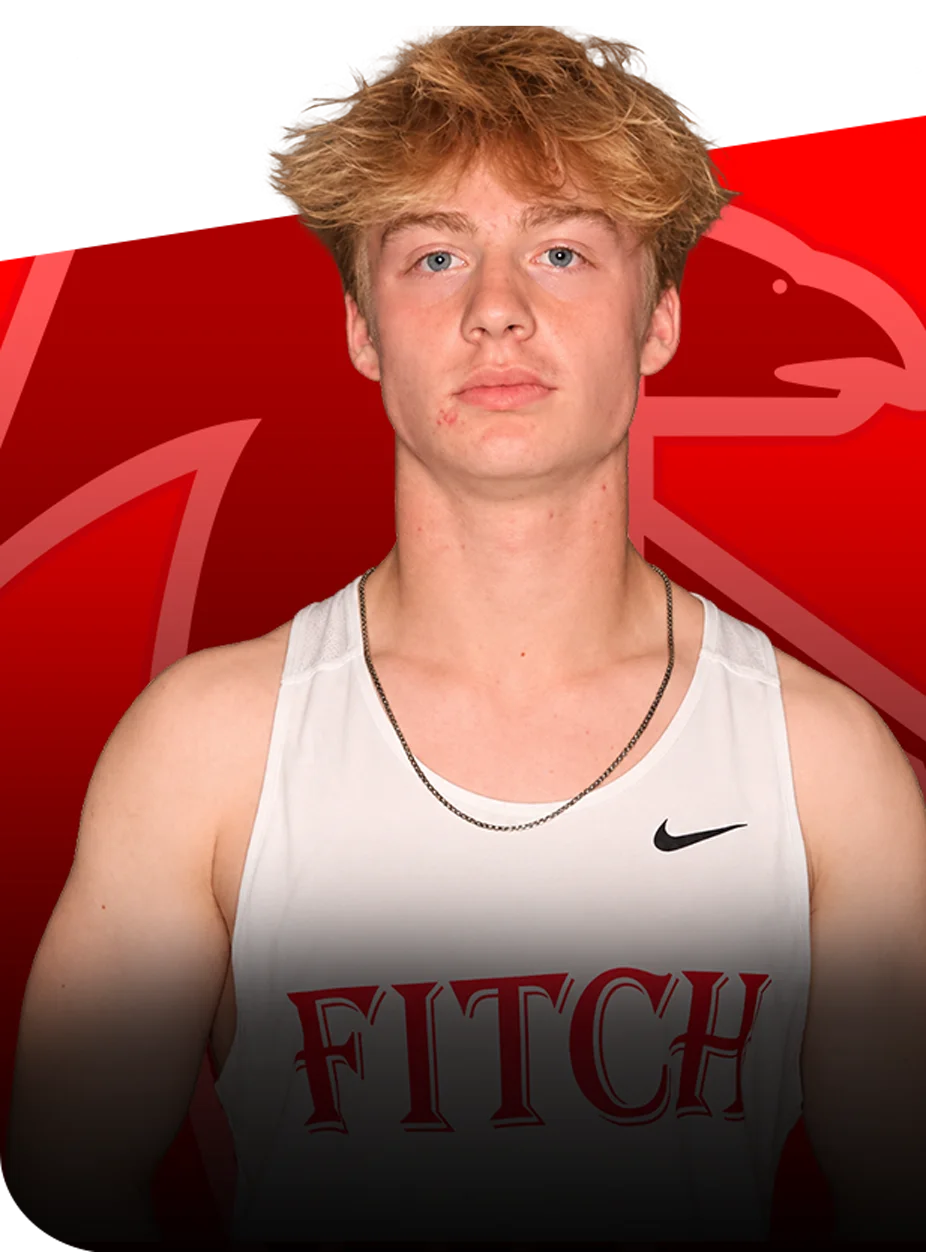 Conner Gustavson wearing a white athletic tank top with Fitch in red lettering.