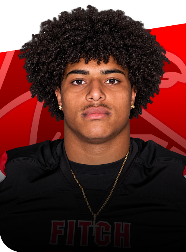 Devin Cook football senior groton ct Devin Cook wearing a black Fitch football jersey against a red background.