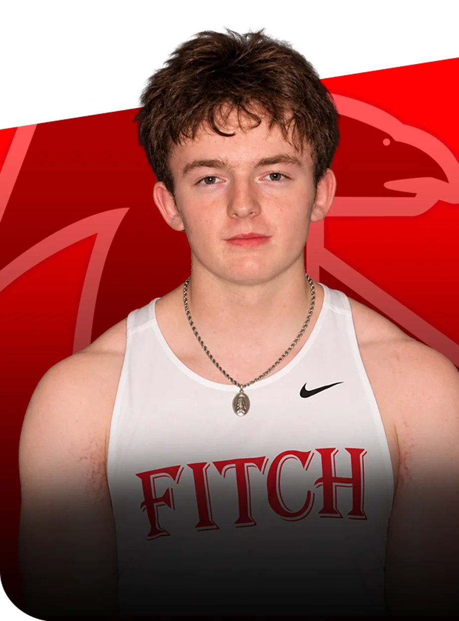 Portrait of athlete Finley Overmoyer wearing a white Fitch team jersey against a red background.