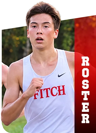 A male cross-country runner wearing a white Fitch High School tank top, with the word "ROSTER" overlaid on the right.