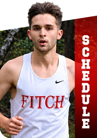 A runner in a white Fitch High School tank top with the word SCHEDULE written vertically in red on the right.