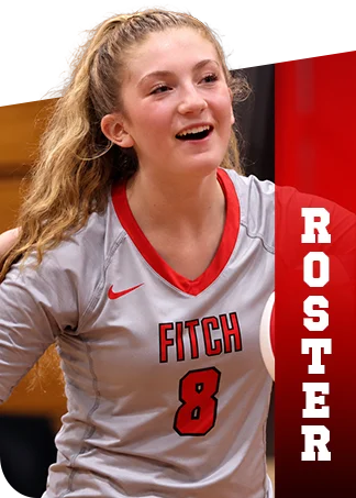 Smiling volleyball player in a gray Fitch jersey with the number 8, next to the word Roster.