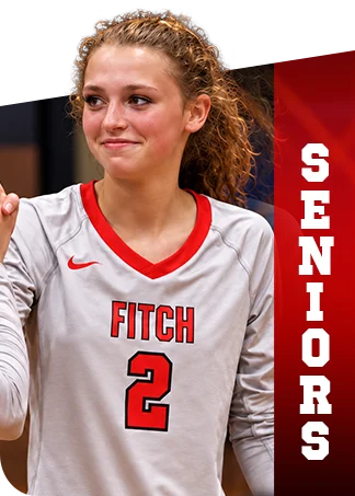 A smiling female Fitch High School volleyball player wearing a grey jersey with the number 2, next to the word SENIORS.