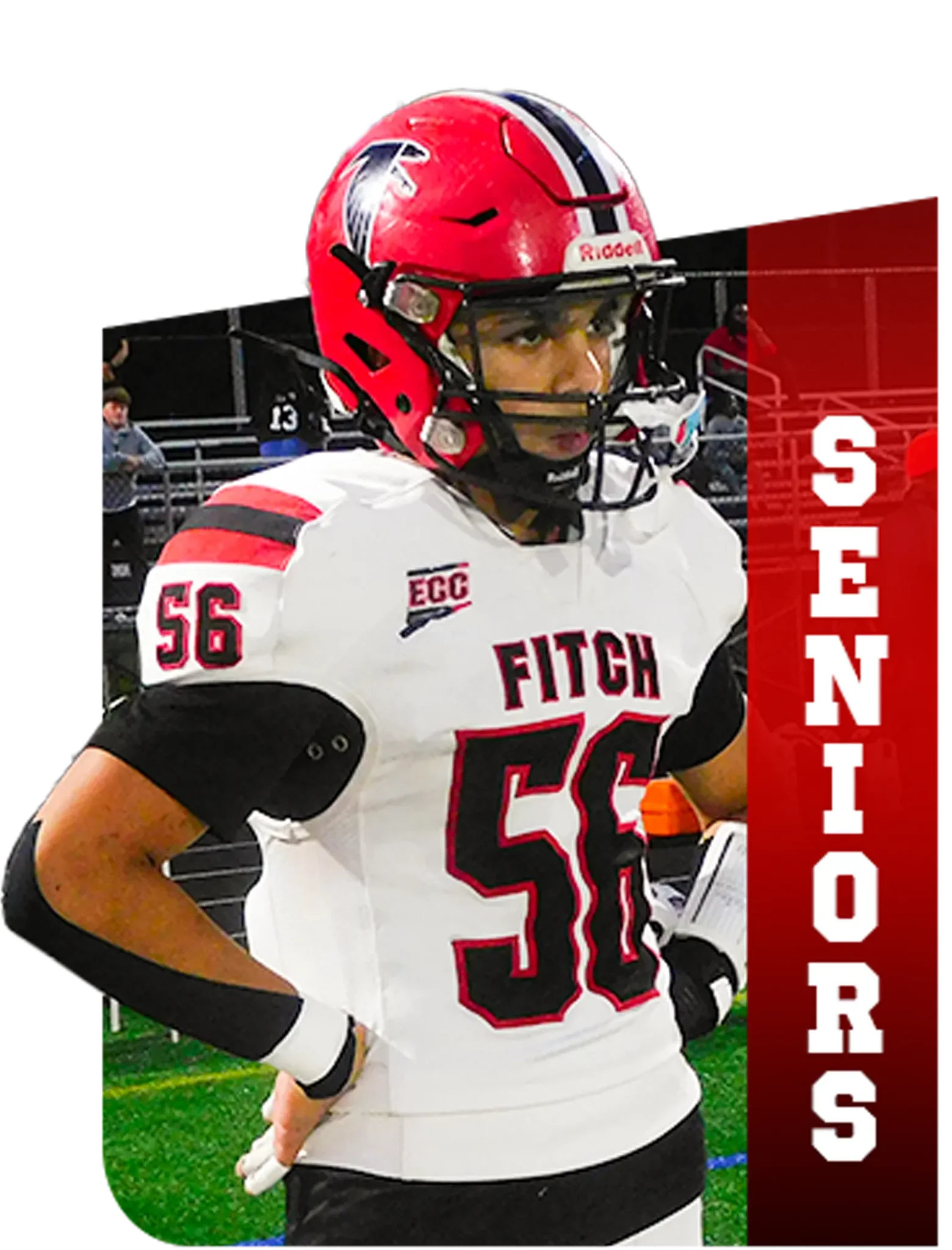 A Fitch High School football senior wearing a red and white uniform with the number 56 and a red helmet.