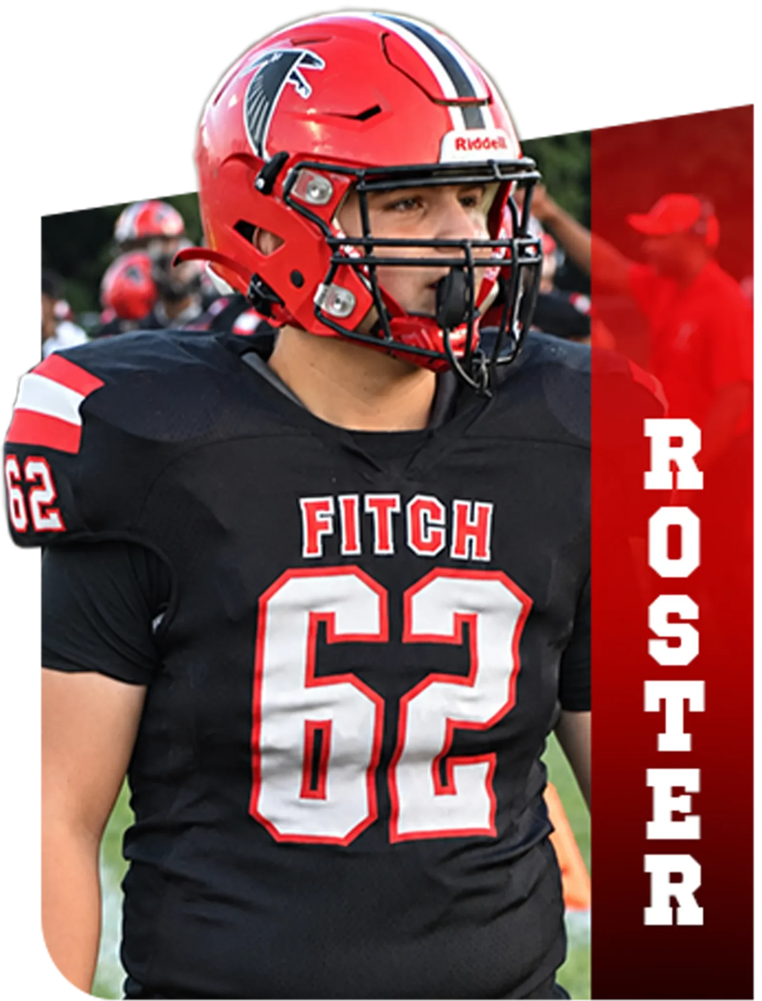 A Fitch High School football player in a black jersey and red helmet with a vertical red banner labeled Roster.