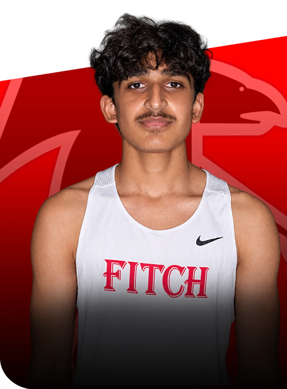 Kush-Patel Kush Patel wearing a white Fitch athletics tank top against a red background.