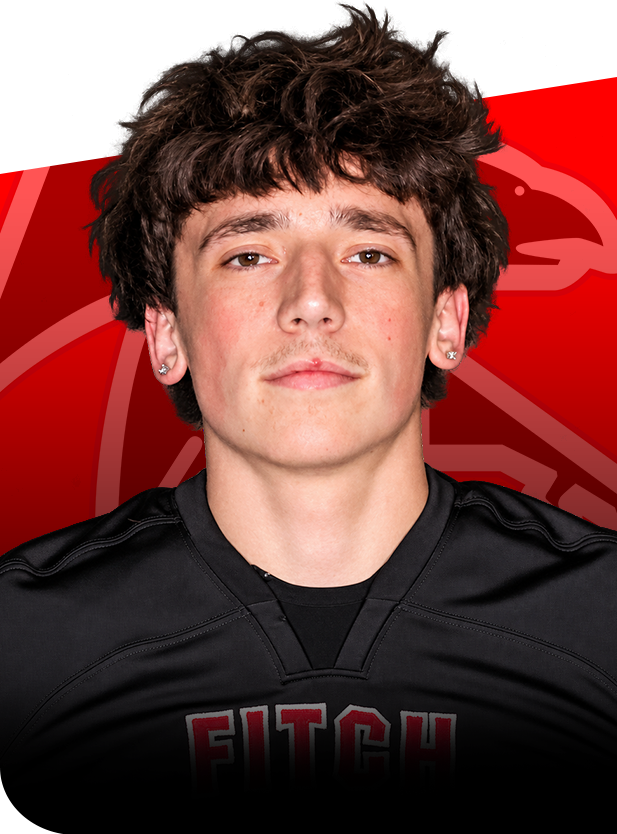 Luke Barry football senior groton ct Headshot of football player Luke Barry wearing a black Fitch jersey against a red background with a falcon logo.