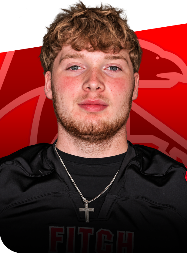 Rocco Wheeler football senior groton ct Rocco Wheeler wearing a black Fitch football jersey with a cross necklace, set against a red hawk mascot background.