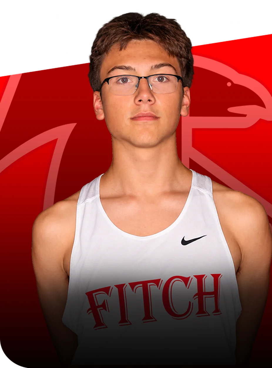 Zach-Corriveau Young man wearing a white Fitch track tank top against a red background with a falcon graphic.